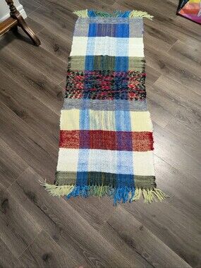 Handwoven Multi-Color Fringe Runner  Throw Scarf Or Wrap- Blue, Red, Cream .